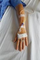 Hand of patient with dropper infusion needle for intravenous infusion. photo