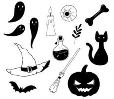 Vector magic flask with poison potion, pumpkin, bat, ghost and ghosts. Set of Illustrations for Halloween isolated on white