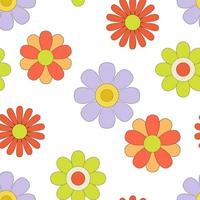 Seamless pattern with Groovy retro flowers. Hippie endless background in 1970s style. Vector flowers daisy on white