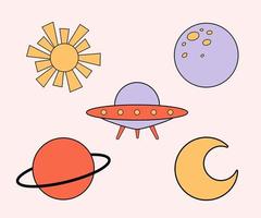 maravillosas pegatinas retro al estilo de 1970. conjunto de ilustraciones vectoriales de los años 60 aisladas sobre fondo blanco. luna, sol, planeta y ovni en estilo plano vector