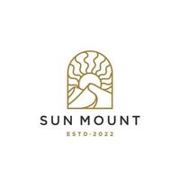 logotipo del sol. Amanecer dorado al atardecer con vector de icono de logotipo de montaña en línea de moda lineal, vector de logotipo de contorno abstracto para hotel o spa