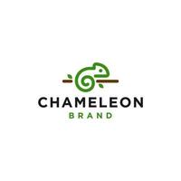 Simple line green chameleon on a tree branch logo icon design vector in trendy minimal outline style, abstract outline symbol