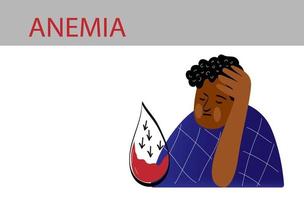 Afro american man suffering from anemia, Hypoglycemia and anemia concept. Vector doodle illustration.