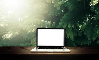 Modern laptop  isolated on green leaf background. 3D illustration. photo