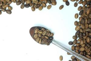 granos de café tostados en una cuchara sobre un fondo blanco foto