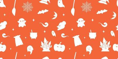 Halloween festive pattern background. Ghost, witch, castle and more. Vector Illustration