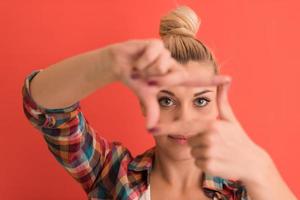 young woman over color background photo