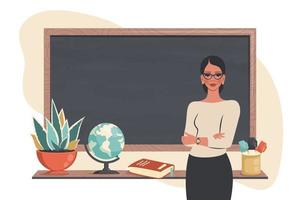 Female young school teacher teaching lesson in classroom. Smiling woman standing beside blackboard, explaining material. School banner. Education, knowledge, study concept. Vector cartoon illustration