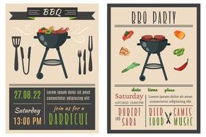 Barbecue party. Set of BBQ invitation in retro style. Summer barbecue picnic. Vintage bbq background with grill, steaks, meat food, vegetables, cutlery, text. Vector cartoon illustration