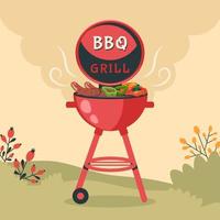 BBQ party. Barbecue background with brazier, grill, steaks, meat food, grilled vegetables at home. Vector cartoon illustration for banner, holiday card, summer picnic, flyer, advertisement, poster