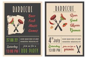 Barbecue party. Set of BBQ invitation in retro style. Summer barbecue picnic. Vintage bbq background with grill, steaks, meat food, vegetables, cutlery, text. Vector cartoon illustration