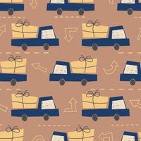 Vector seamless pattern with toy car, parcel, road sign, arrows, lines. Modern design for kids fabric, textile, wallpaper, surface, case, clouthers, design objects, wrapping paper, nursery wallpaper.