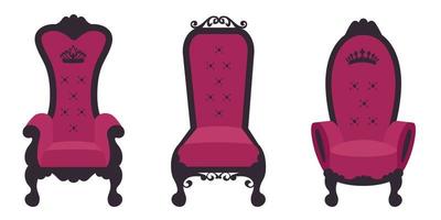 Juego de sillas de trono antiguas. colección de sillones king aislados. icono de trono para tarjeta de visita de decoración, plantilla de tarjeta vip. ilustración plana vectorial vector