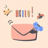 Mail envelope with Greeting message. Cute envelope with beautiful colorful flowers, butterfly, ladybug. Hello card. Good news notification concept, communication. Vector cartoon illustration