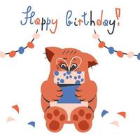 Happy birthday card. Ginger cute happy cat congratulate. Orange Funny kitten sitting with present box. Vector cartoon flat illustration for card, humorous poster, cover, kids design