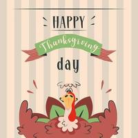 Thanksgiving turkey. Happy cute funny character invites for thanksgiving dinner.  Holiday traditional background. Vector cartoon illustration for banner, poster, greeting card