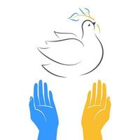 Human hands release dove of peace. Flying bird holding olive leaf. Peace symbol.  Pray for Ukraine. No war concept. Support Ukraine. Line art. Vector flat illustration