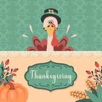Thanksgiving dinner. Happy cute funny turkey invites for thanksgiving table. Pumpkin, corn, berries, rich autumn harvest on festive table. Vector cartoon illustration for banner, poster, greeting card
