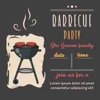 Bbq background with brazier, grill, steaks, meat food. BBQ invite template in retro style. Barbecue party invitation. Summer barbecue picnic. Vector cartoon vintage illustration