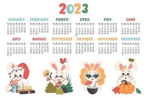 calendario 2023. planificador horizontal con lindo conejito en diferentes estaciones. conejo de personaje de dibujos animados como símbolo de año nuevo. semana comienza el domingo. vector