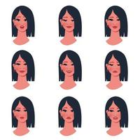 Beautiful girl with different emotions. Female portrait with happy, sad, angry, surprised face. Set of female characters with different moods.  Avatar template. Vector cartoon illustration
