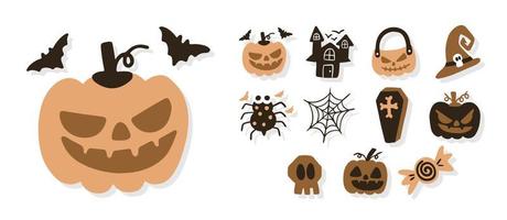 Halloween element vector collection set. Bone, ghost, pumpkin, bat, spider web, witcher vector graphic