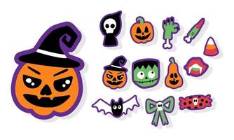 hueso, fantasma, calabaza, murciélago, telaraña, gráfico vectorial brujo. conjunto de colección de vectores de elementos de Halloween.