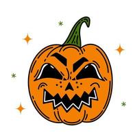 icono de vector de calabaza de Halloween. cara espeluznante sonriente en una verdura. linterna jack aislado en blanco. símbolo de vacaciones de otoño, linda caricatura plana. clipart espeluznante para carteles de temporada, tarjetas, pegatinas, logotipo