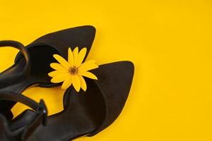 Suede black court shoes with yellow Topinambur flower bud on strap, yellow background, trendy shoes photo