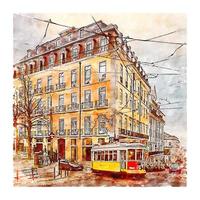 Lisbon Portugal Watercolor sketch hand drawn illustration vector