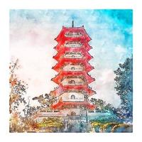 Chinese Gardens Singapore Watercolor sketch hand drawn illustration vector