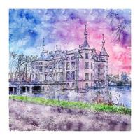 Kasteel van Poeke Belgium Watercolor sketch hand drawn illustration vector