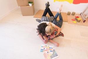 Happy young couple relaxing after painting photo