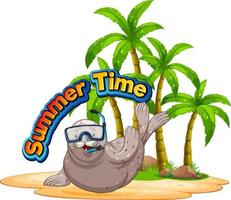 Seal cartoon character with summer time word vector