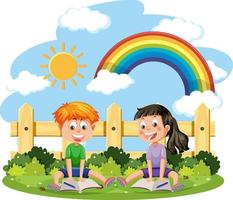 Two kids reading book cartoon character vector