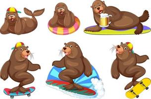 Set of different sea lions cartoon characters vector