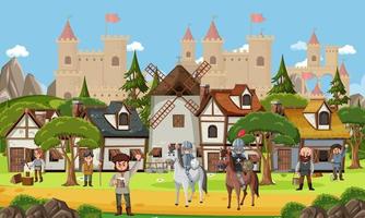 Medieval village scene castle background vector