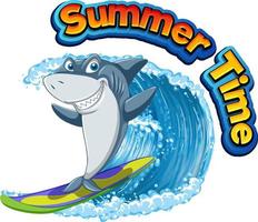 Cute shark cartoon character surfing ocean scene vector