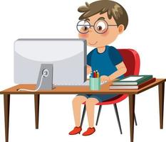 A boy sitting in front of computer vector