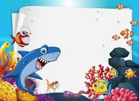 banner en blanco bajo el agua con animales marinos vector