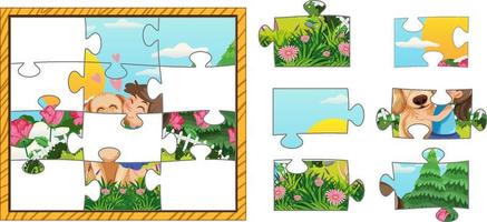 Girl and Dog Photo Jigsaw Puzzle Game Template vector