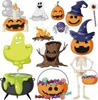 conjunto de elementos y personajes de dibujos animados de halloween vector