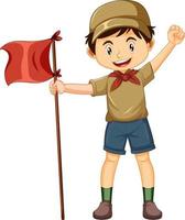 Camping boy with red flag on white background vector