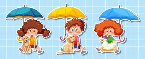conjunto de personaje de dibujos animados con paraguas vector