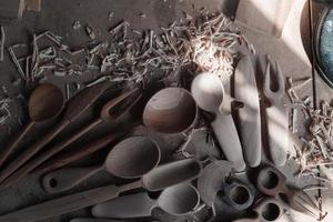 Handmade Wooden Spoons for hiking and outdoor activities. Craftsmanship and artisan concept photo