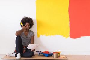 back female painter sitting on floor photo