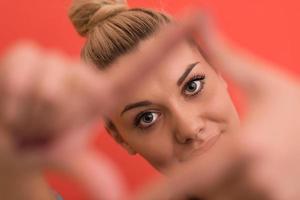 young woman over color background photo