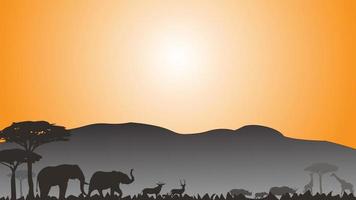 Full frame silhouette family of elephant rhinoceros deer and giraffes in the grassland on the multicolor background. vector