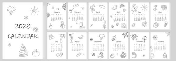 2023 calendar design. Doodle calendar planner minimal style, annual organizer. Vector illustration