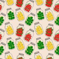 Seamless pattern with set of jars with Fruit. Compote. Vector in cartoon style.